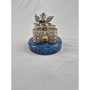 Silver Tone Cherub Angel Lipstick Holder Blue Crushed Stone Base Vanity Sam Fink